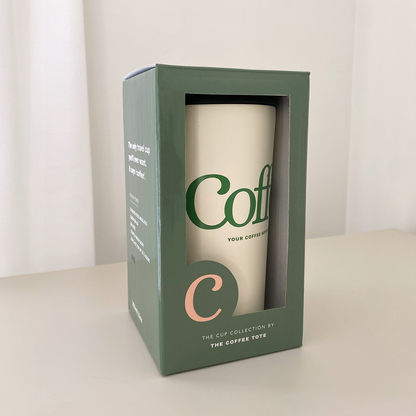 The Coffee Travel Cup Beige | Double Walled Stainless Steel will keep your coffee hot or cold for up to 3 hours. Perfect for on the go. | The Coffee Label 